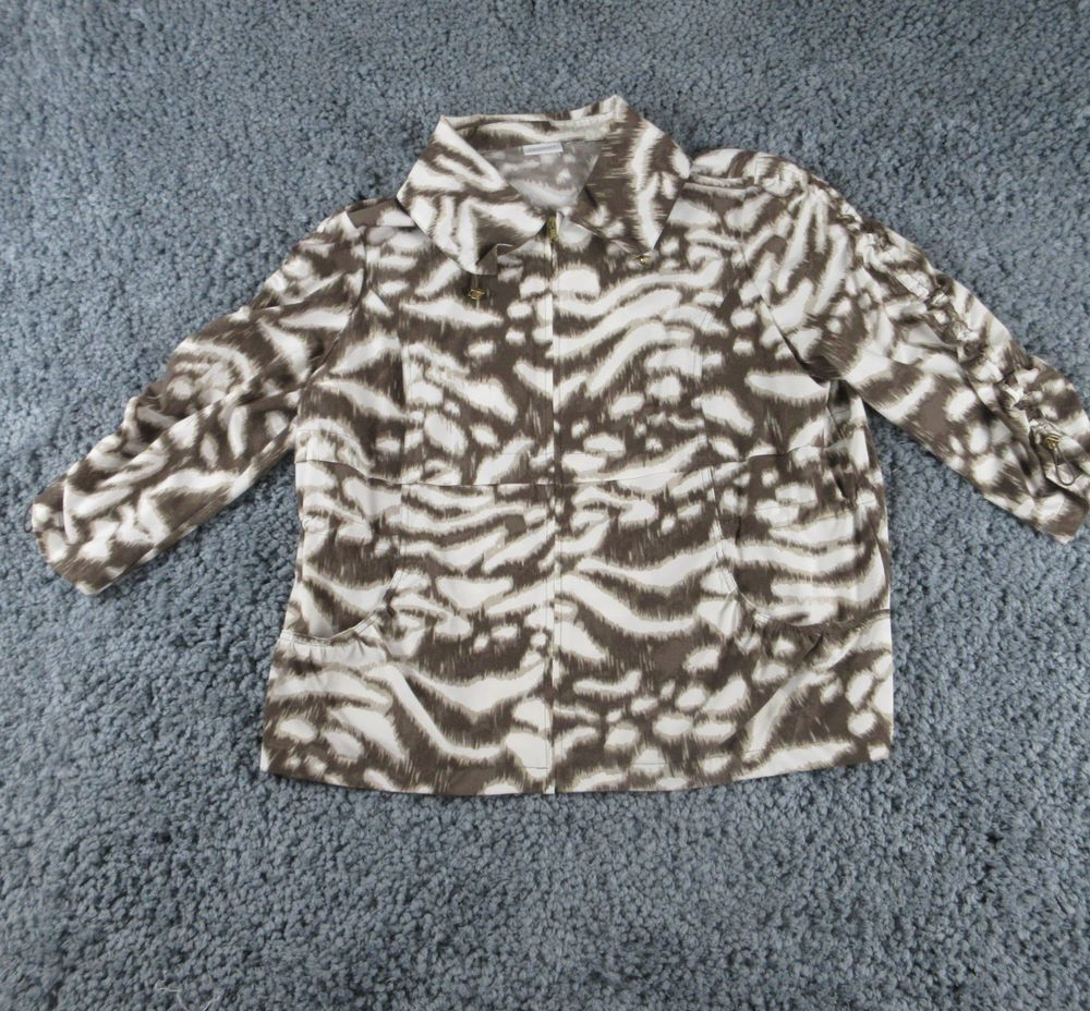 Chicos Jacket Womens 3 Beige Striped Geometric Zenergy 3/4 Sleeve Full Zip
